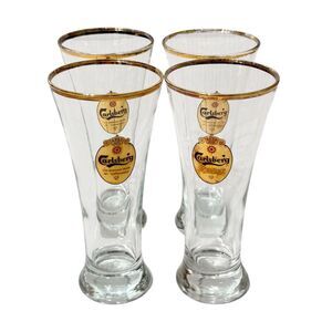 4 Vtg Carlsberg Pilsner Beer Tulip Glasses Gold Rim & Gold Oval Crest Logo